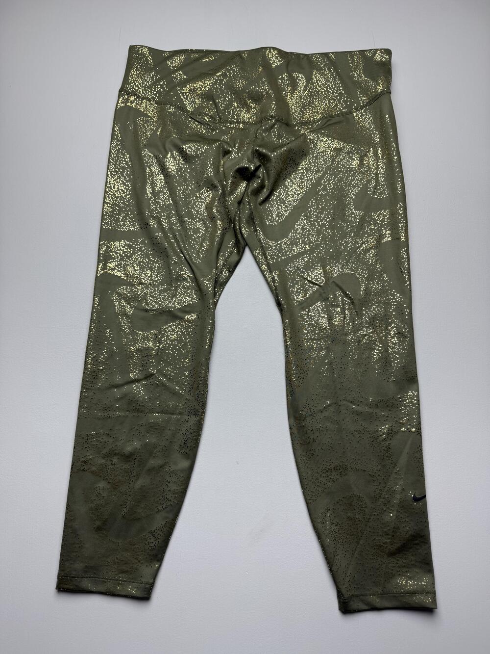 Nike One Dri-FIT Leggings Womens 1X Green Gold Foil Mid Rise Tight Fit Training